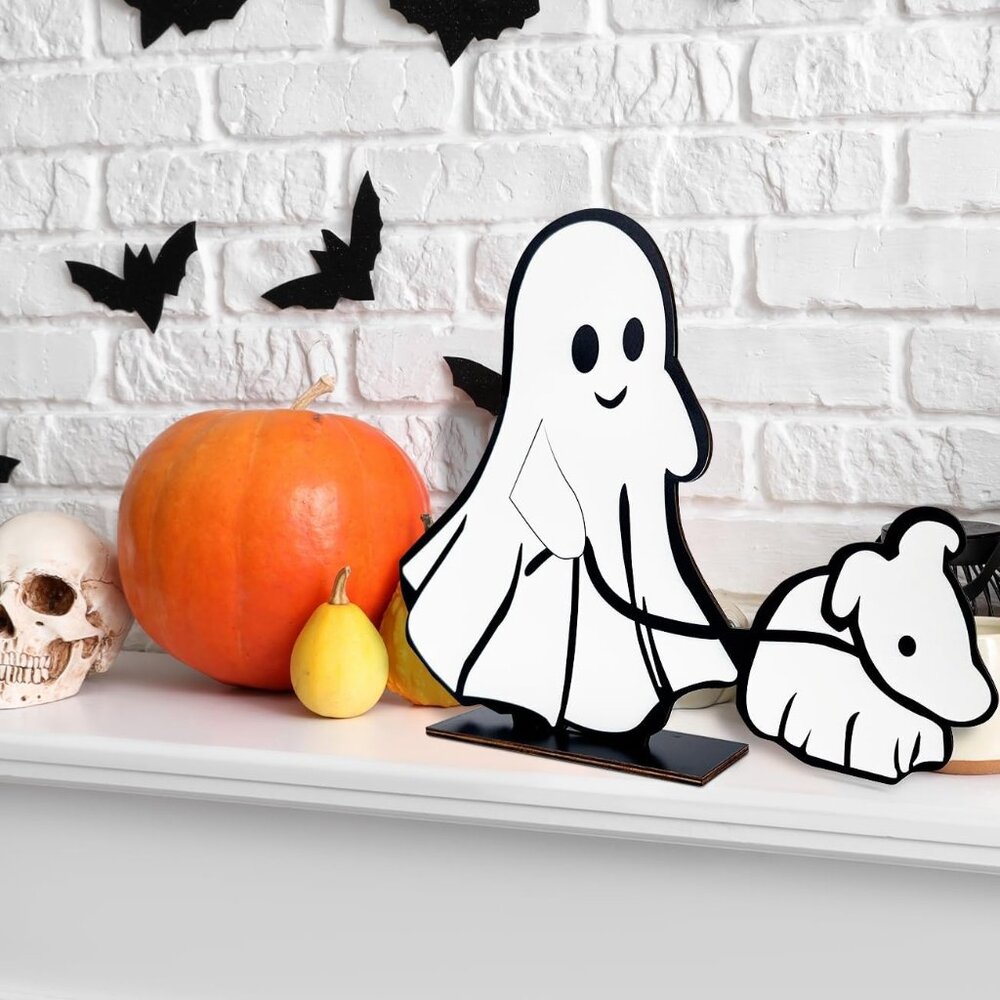 Halloween Wood Display Ghost Walking Dog